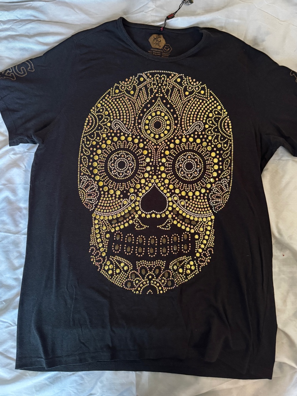 Ay Guey Men's Black T-Shirt with Gold Studded Skull Design